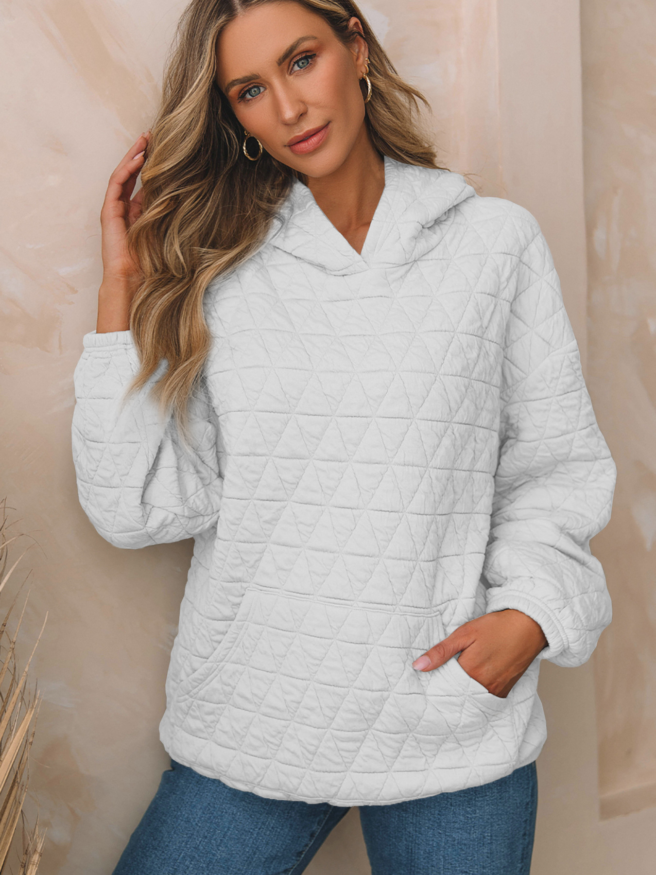 2025 Autumn New Solid Color Women'S Hooded Sweatshirt Casual Air Pocket Quilted Long-Sleeved Top