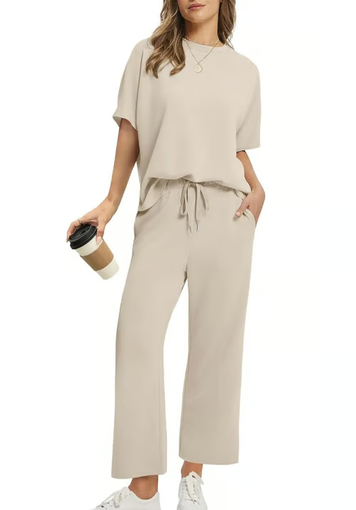 Women's Casual 2-Piece Loose-Fit Short Sleeve Top & Wide-Leg Pants Set