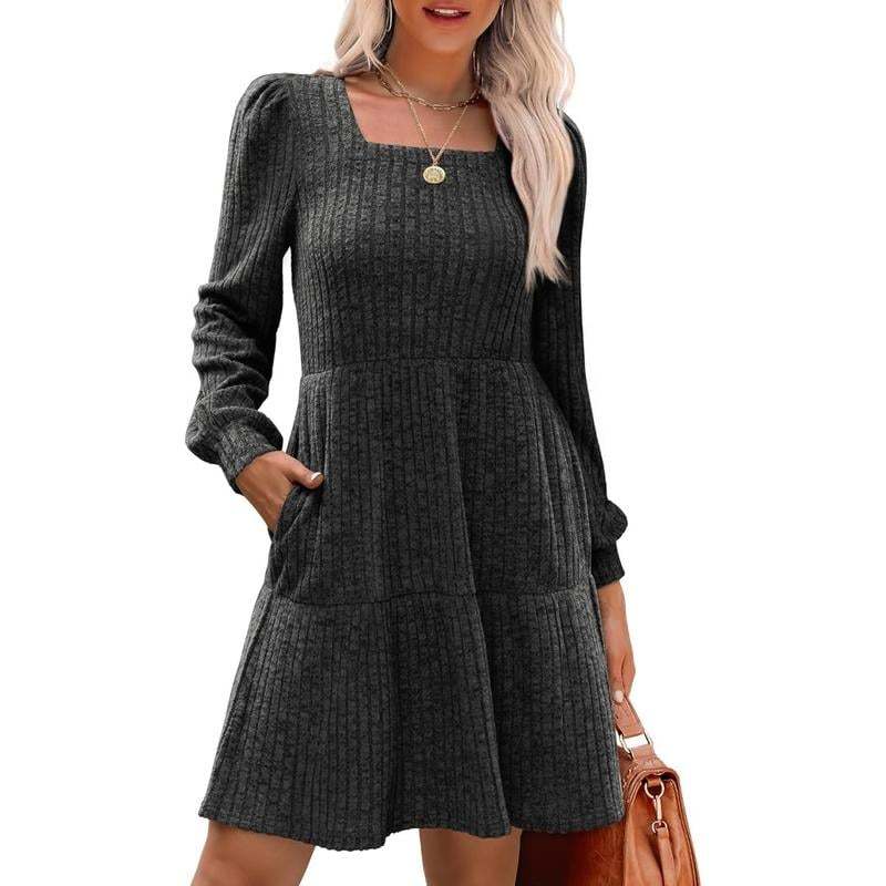 🍂Last Day Promotion 49% OFF🔥Womens Square Neck Long Sleeve Fall Dresses Casual Babydoll Sweater Dress