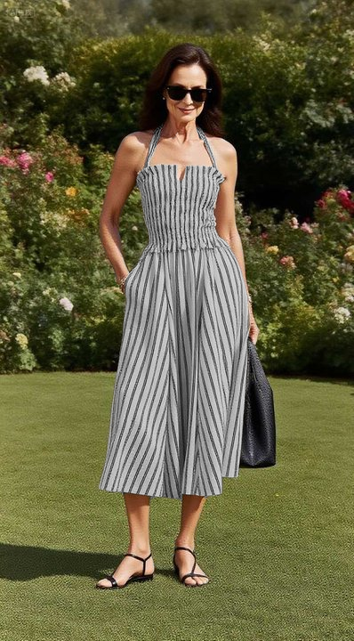 Women's Stripe White & Black Midi Dress