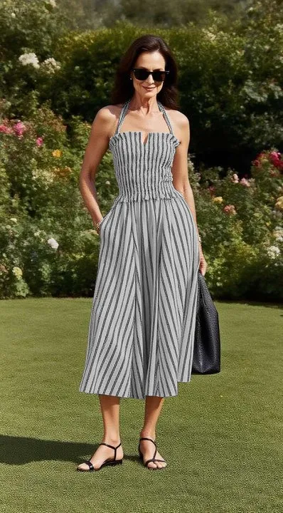 Women's Stripe White & Black Midi Dress