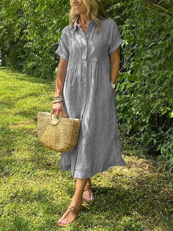 NEW🔥 Striped Lapel Button Down Shirt Dress | With Functional Pockets