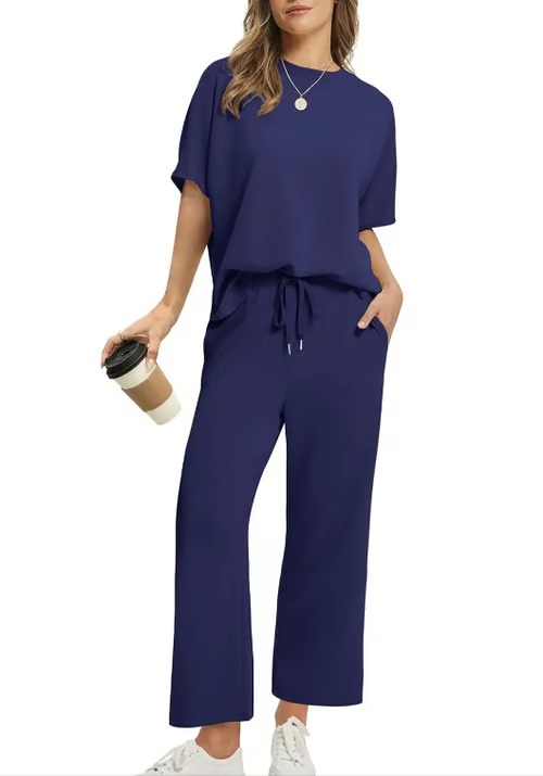Women's Casual 2-Piece Loose-Fit Short Sleeve Top & Wide-Leg Pants Set