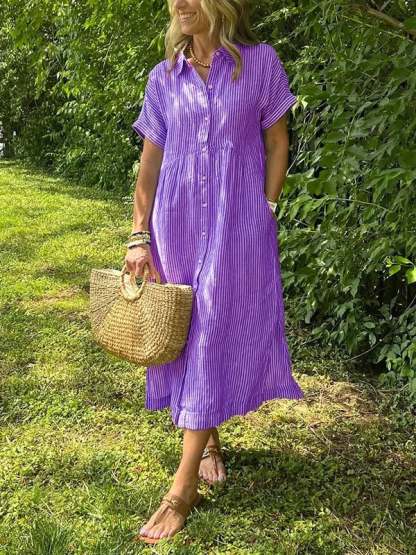 NEW🔥 Striped Lapel Button Down Shirt Dress | With Functional Pockets