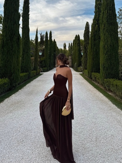 Elegant Heart-Shaped Choker Neck Maxi Dress