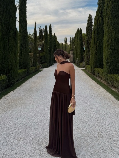 Elegant Heart-Shaped Choker Neck Maxi Dress