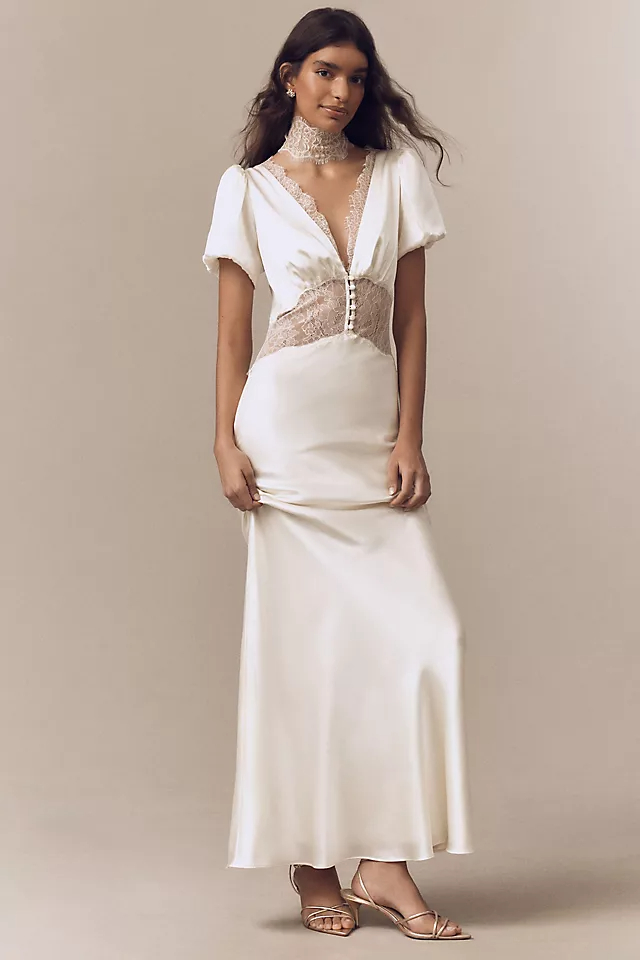 Puff-Sleeve Silky Maxi Dress