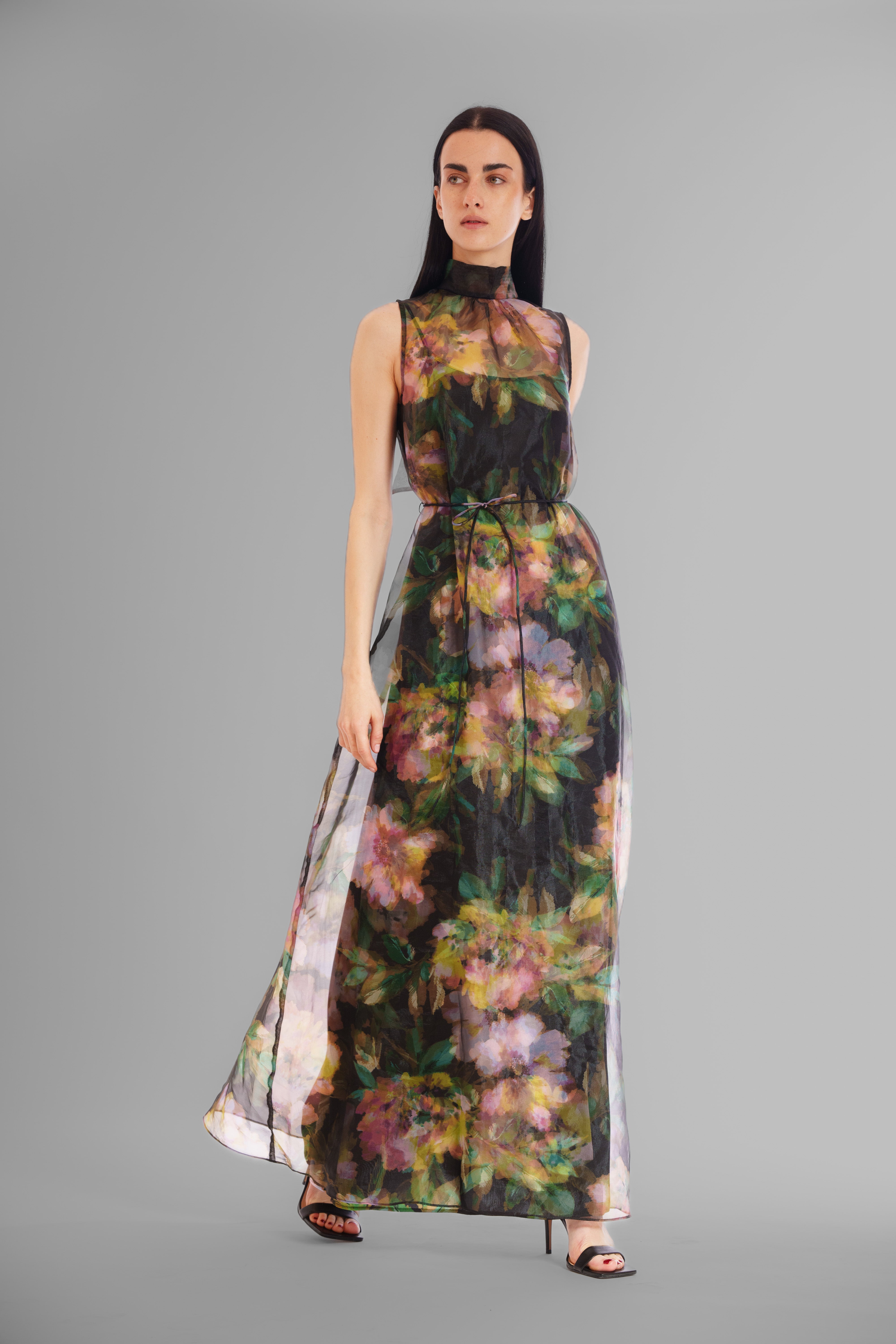 Tie Neck Organza Satin Overlay Dress