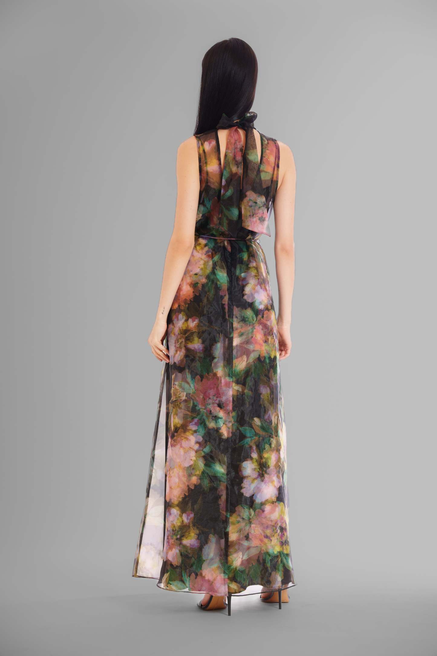 Tie Neck Organza Satin Overlay Dress