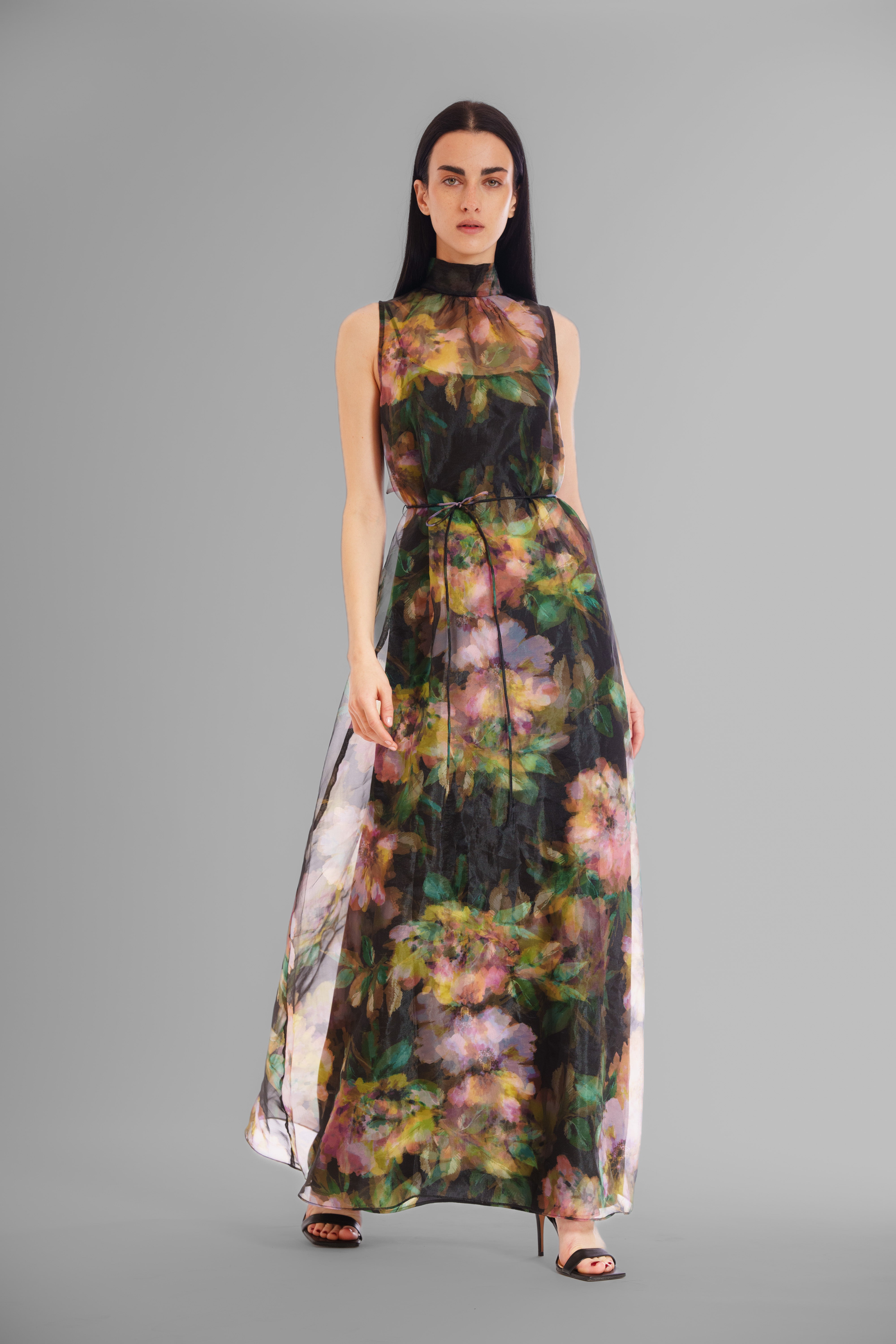 Tie Neck Organza Satin Overlay Dress