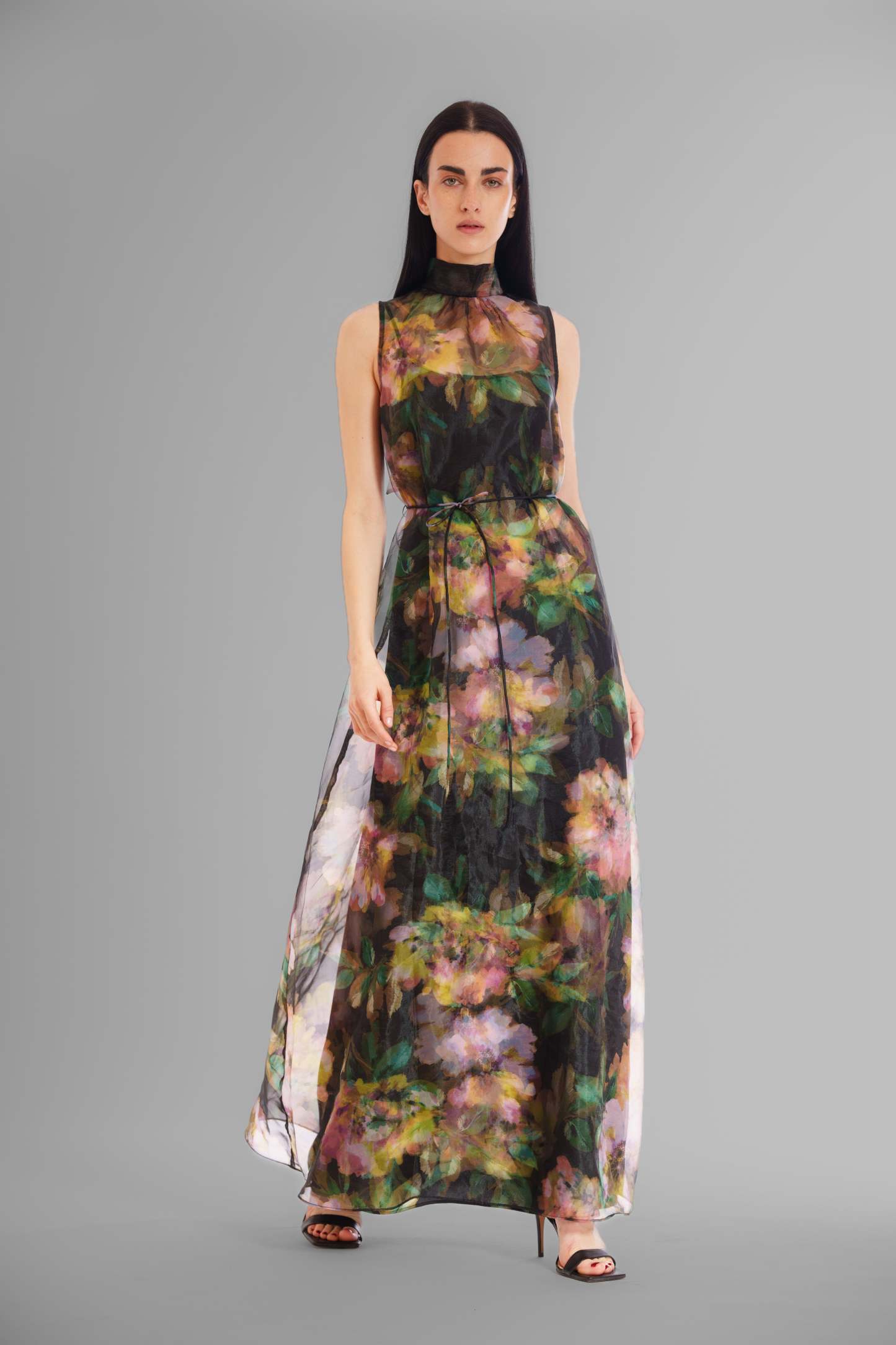 Tie Neck Organza Satin Overlay Dress