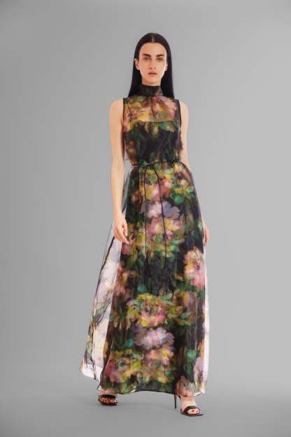 Tie Neck Organza Satin Overlay Dress