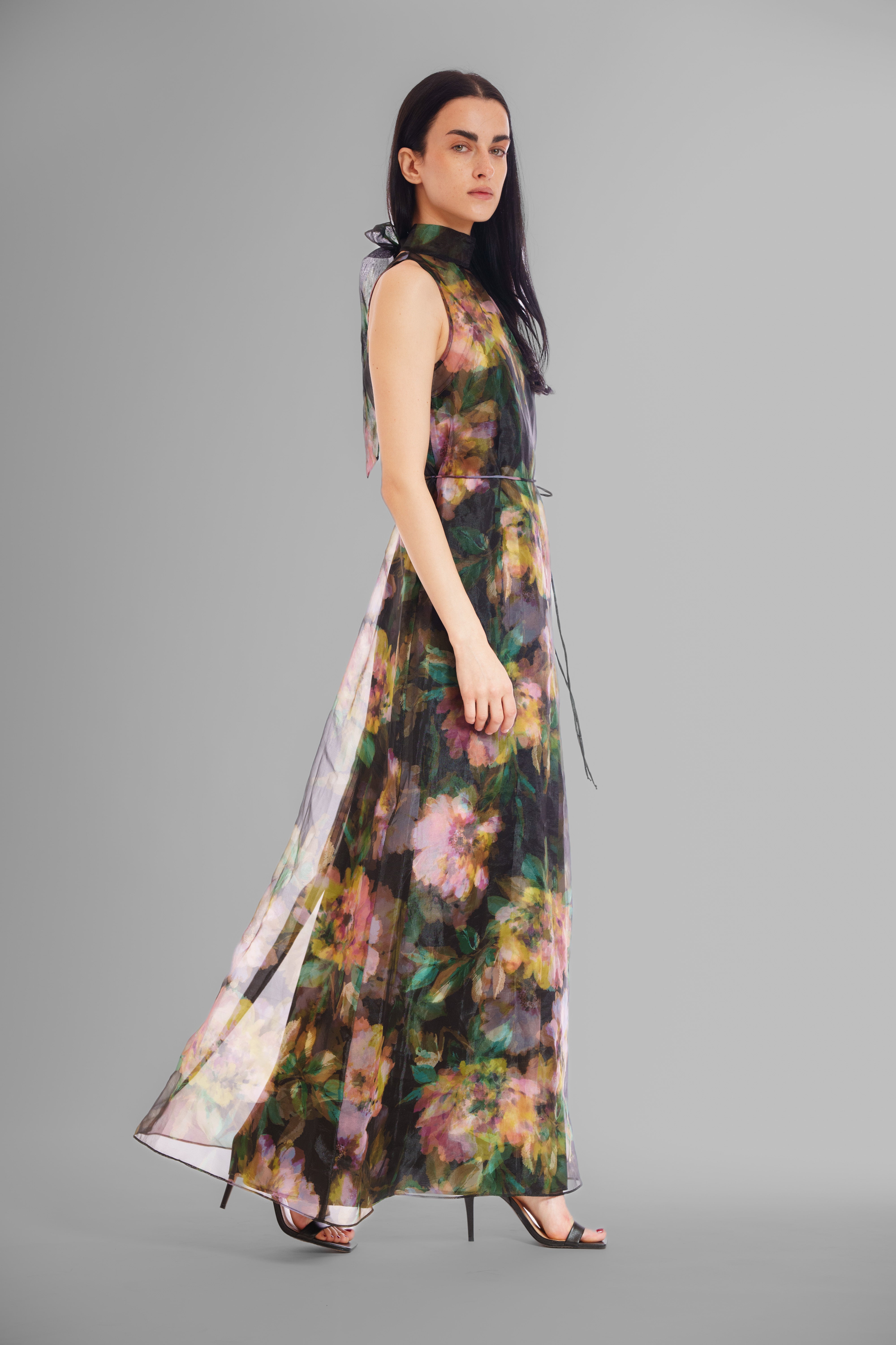 Tie Neck Organza Satin Overlay Dress