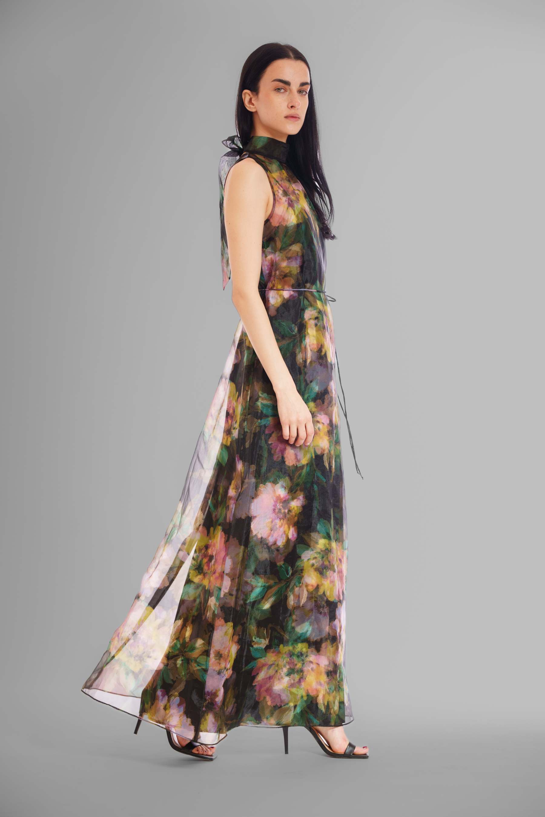 Tie Neck Organza Satin Overlay Dress