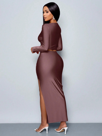 Women's 2pcs Set Solid Color Elegant Long Skirt