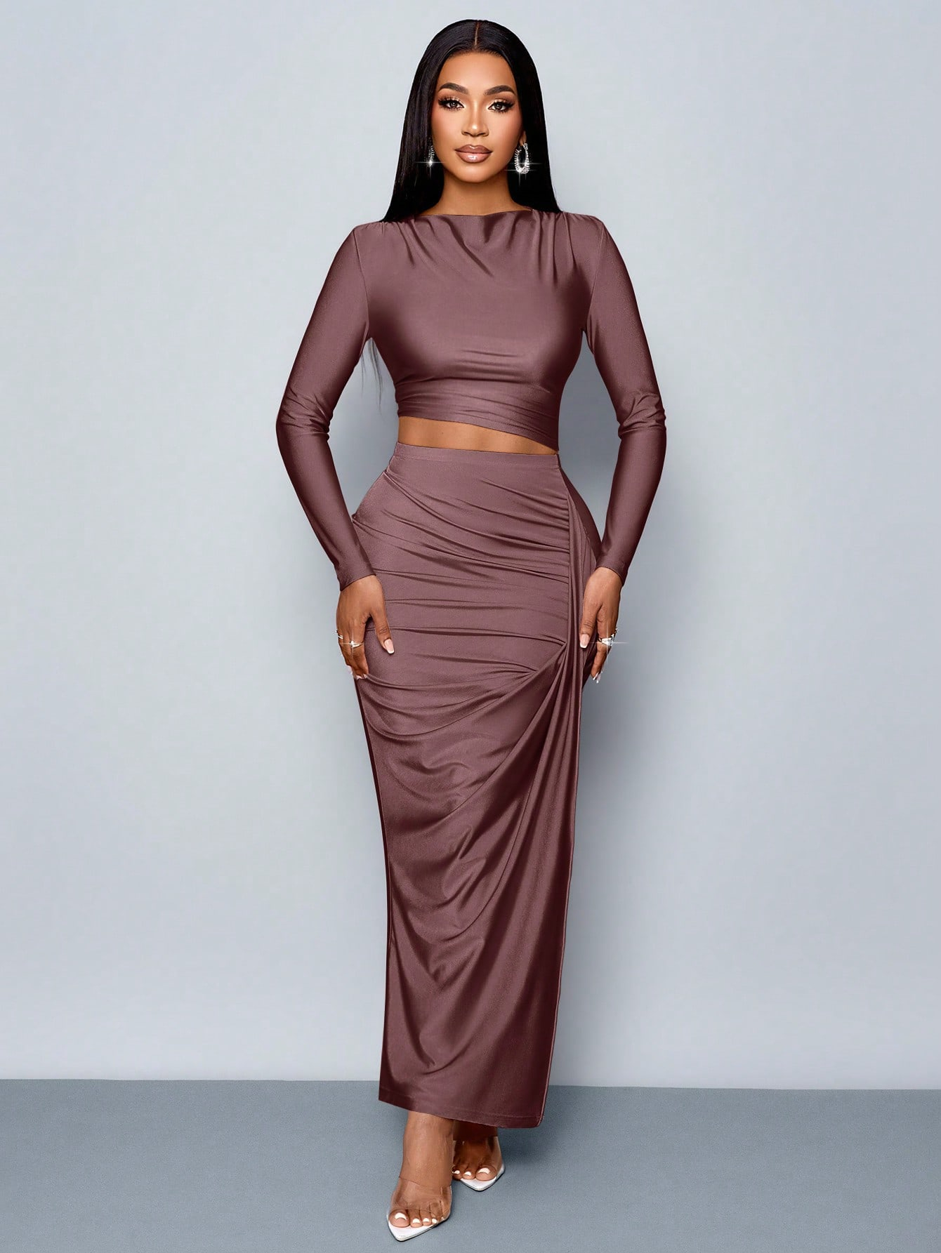 Women's 2pcs Set Solid Color Elegant Long Skirt