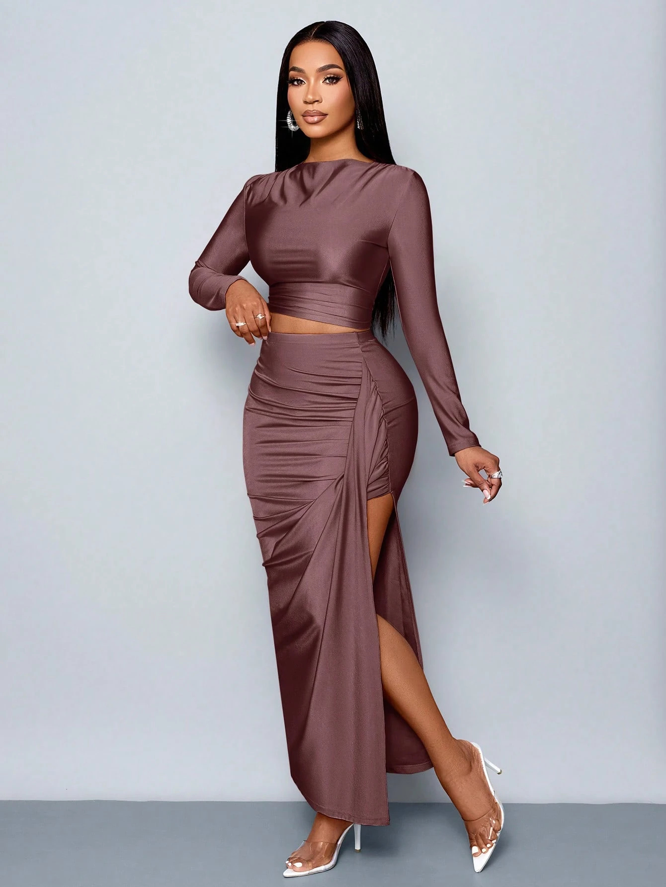 Women's 2pcs Set Solid Color Elegant Long Skirt