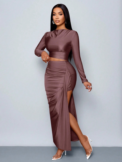 Women's 2pcs Set Solid Color Elegant Long Skirt