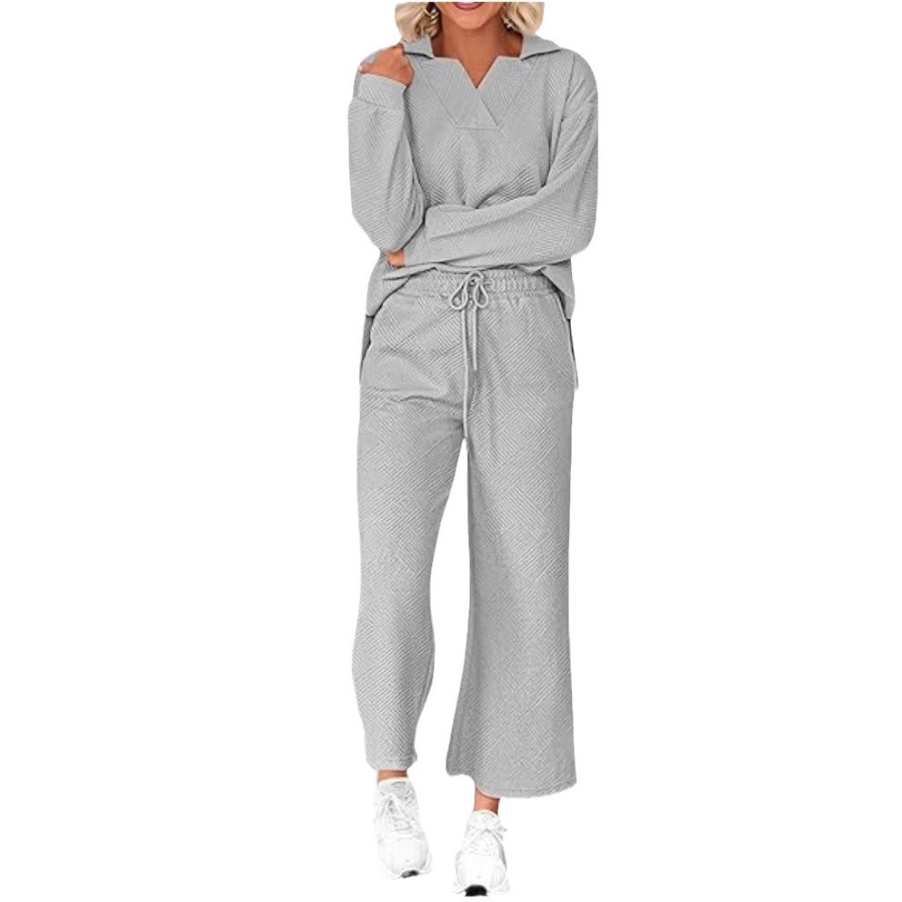  Solid Color Texture Fashion Casual Suit Autumn Long-Sleeved Sweatshirt And Trousers Two-Piece Set