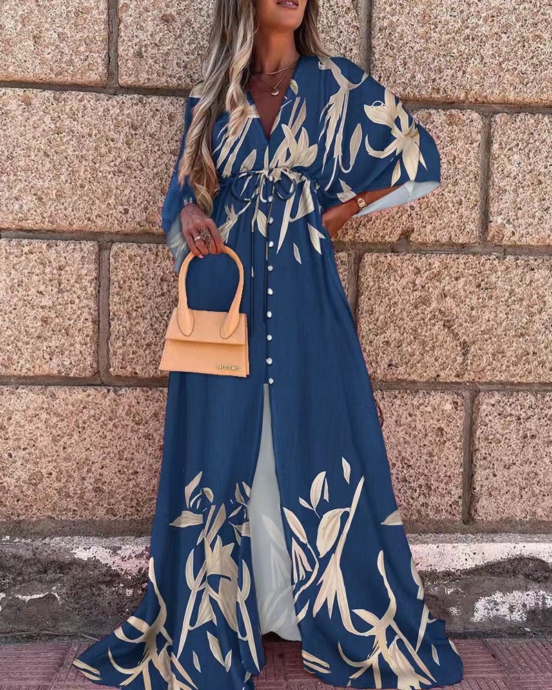 European And American Spring And Summer New Printed Long Skirt Bohemian Sexy V-Neck Lace-Up Single-Breasted Beach Dress For Women