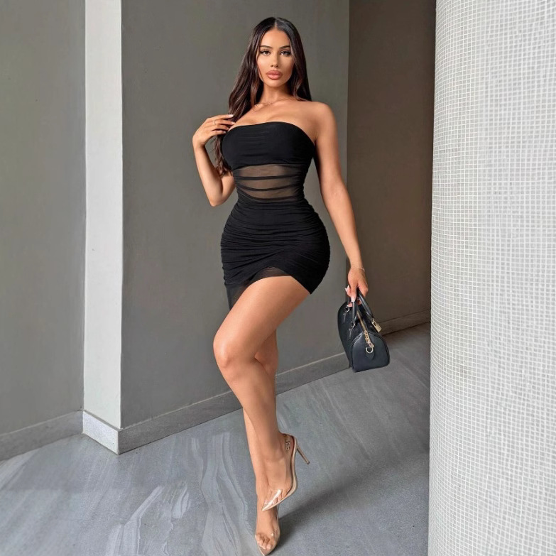 Women Sexy Fashionable Strapless Mesh Prom Dress