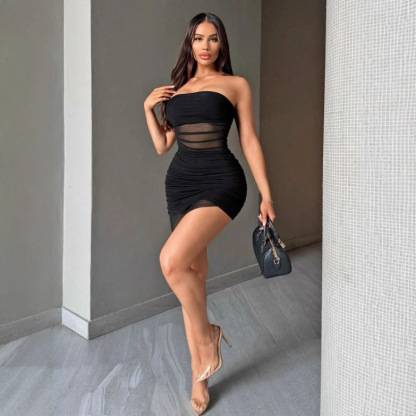 Women Sexy Fashionable Strapless Mesh Prom Dress