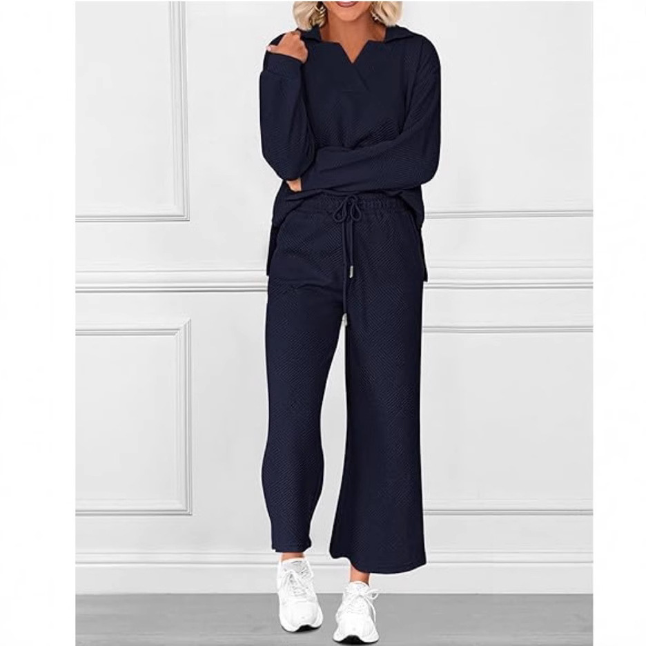  Solid Color Texture Fashion Casual Suit Autumn Long-Sleeved Sweatshirt And Trousers Two-Piece Set