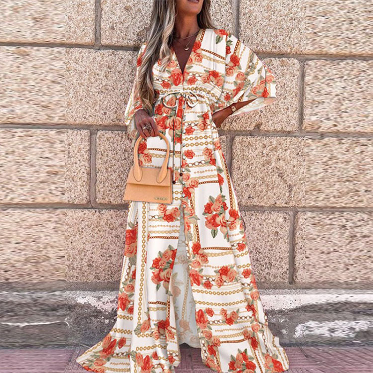 European And American Spring And Summer New Printed Long Skirt Bohemian Sexy V-Neck Lace-Up Single-Breasted Beach Dress For Women
