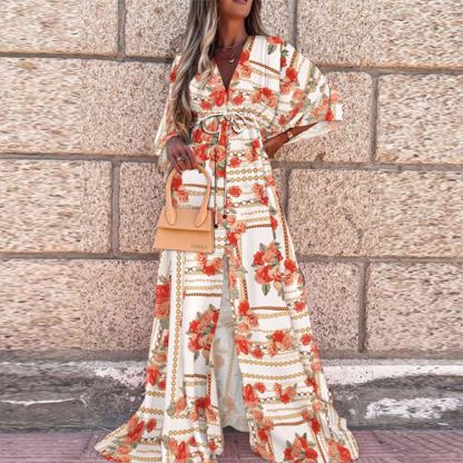 European And American Spring And Summer New Printed Long Skirt Bohemian Sexy V-Neck Lace-Up Single-Breasted Beach Dress For Women