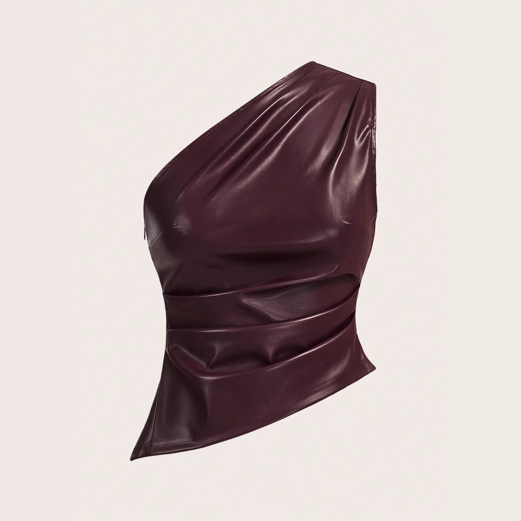 European And American Fashion Women'S Clothing For Spring And Summer New Solid Color Sleeveless Slanted Neck Zipper Leather Top Slim Temperament Vest Women