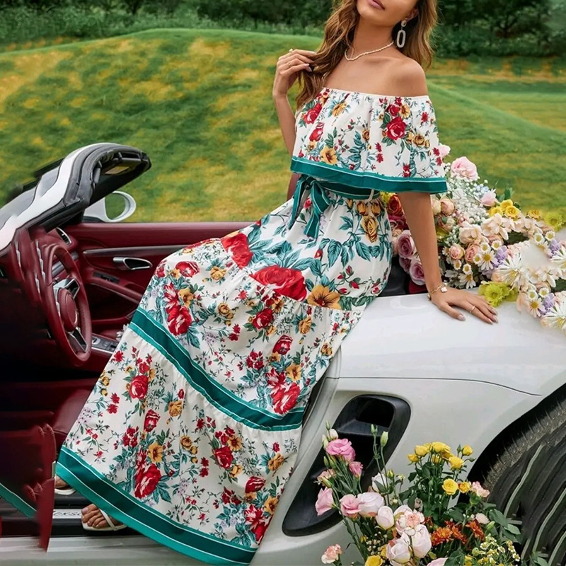 European And American Foreign Trade Spring And Summer Amazon Independent Station Wish New One-Shoulder Printed Long Sway Dress