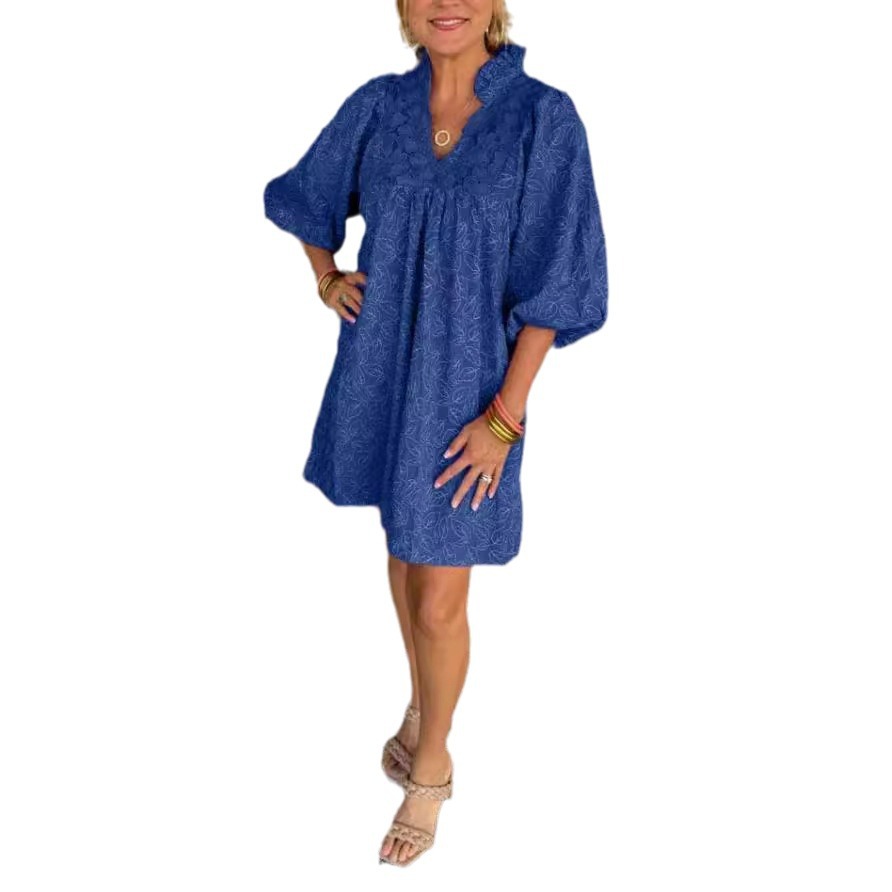 Station European And American Women'S Clothing Fashion V-Neck Lace Splicing Temperament Jacquard Clothes