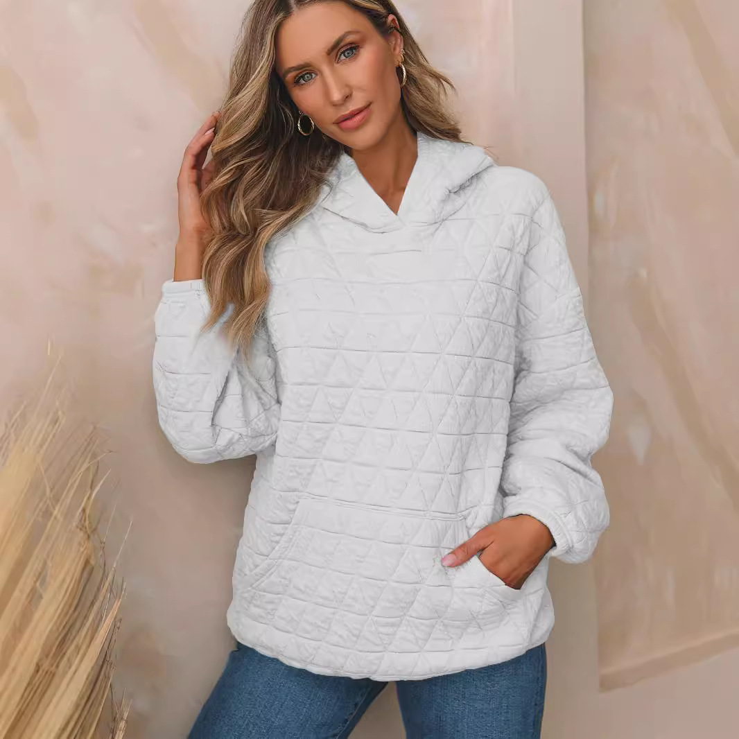 2025 Autumn New Solid Color Women'S Hooded Sweatshirt Casual Air Pocket Quilted Long-Sleeved Top