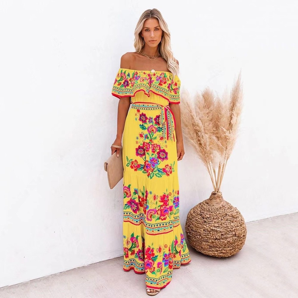 European And American Foreign Trade Spring And Summer Amazon Independent Station Wish New One-Shoulder Printed Long Sway Dress