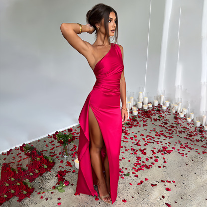 Women's sexy one-shoulder satin long dress