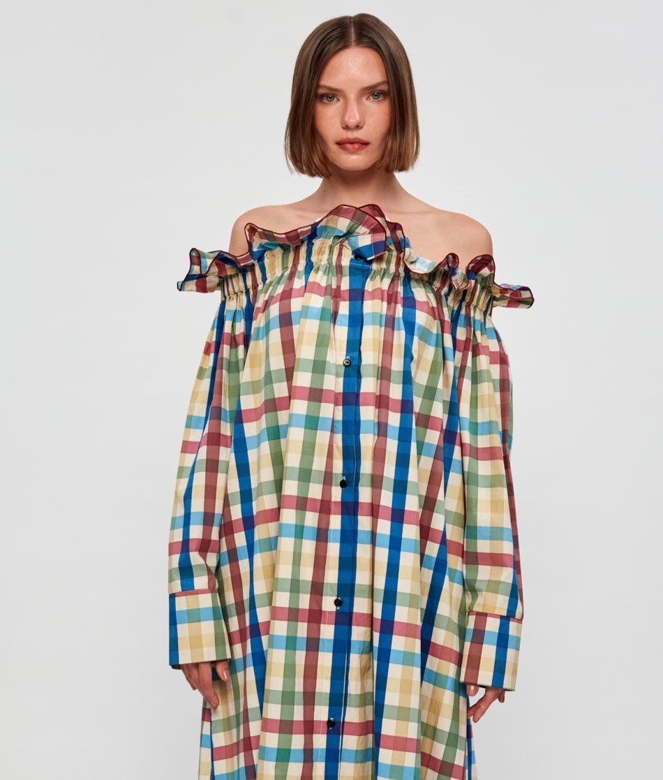 Shoulder-Baring Gingham Long Dress
