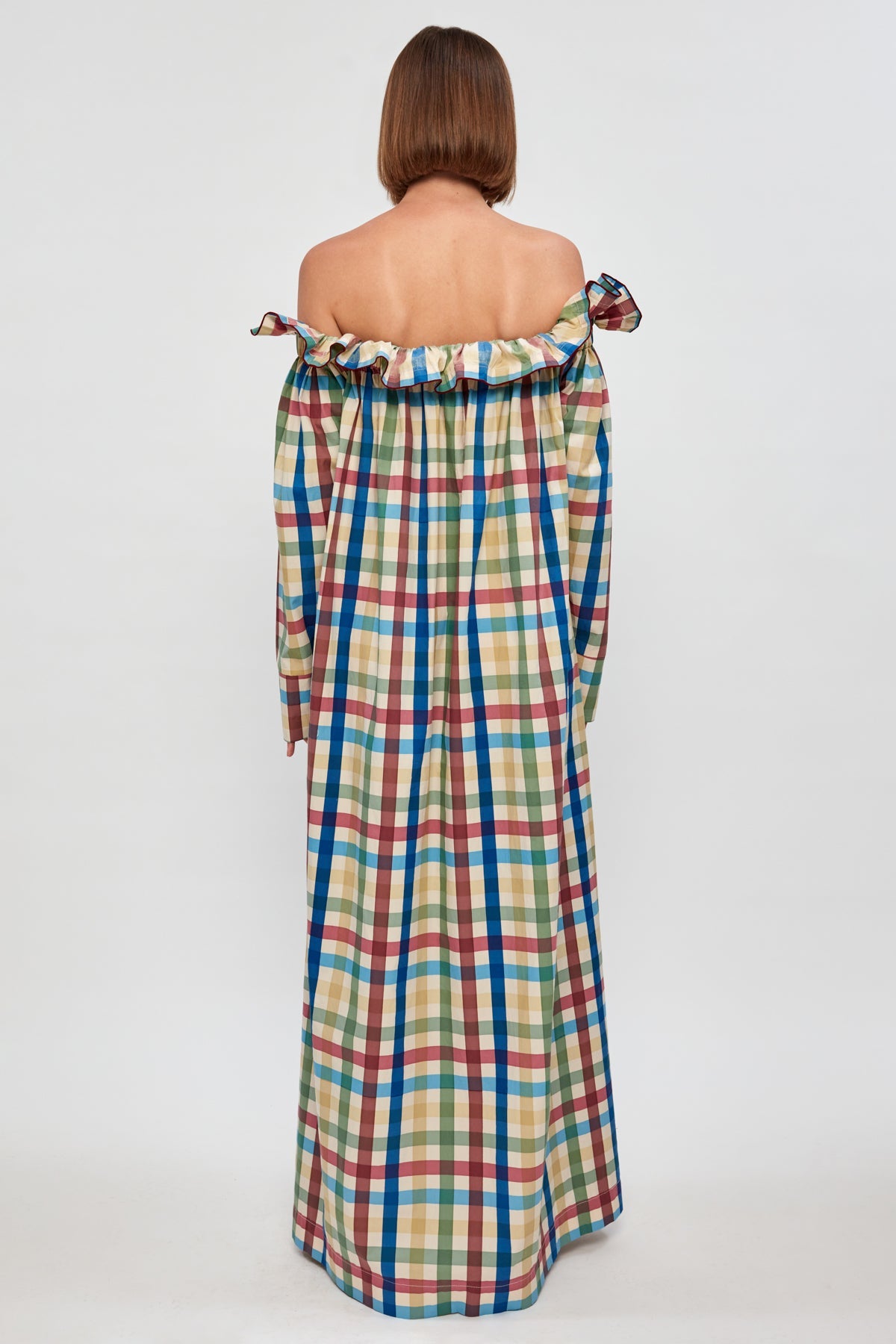 Shoulder-Baring Gingham Long Dress
