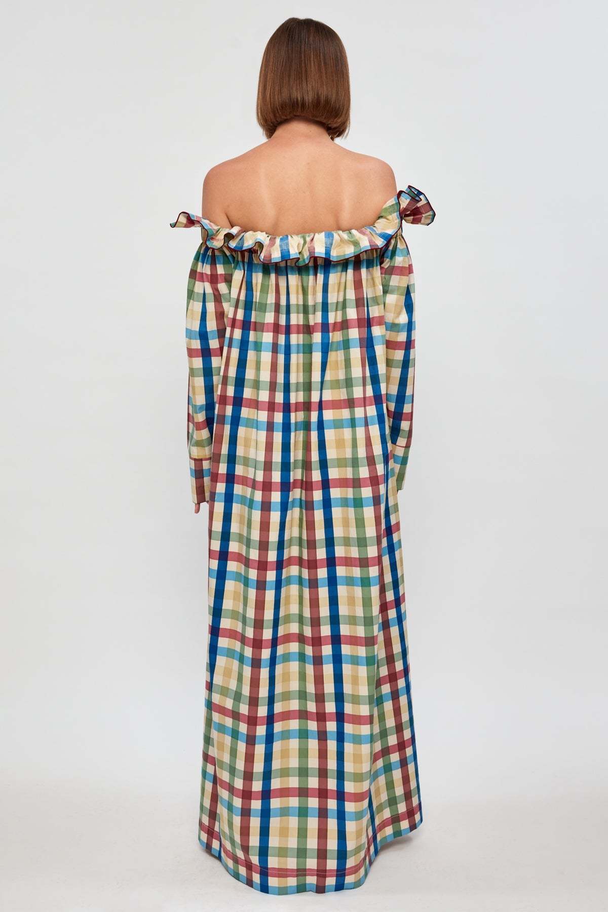 Shoulder-Baring Gingham Long Dress