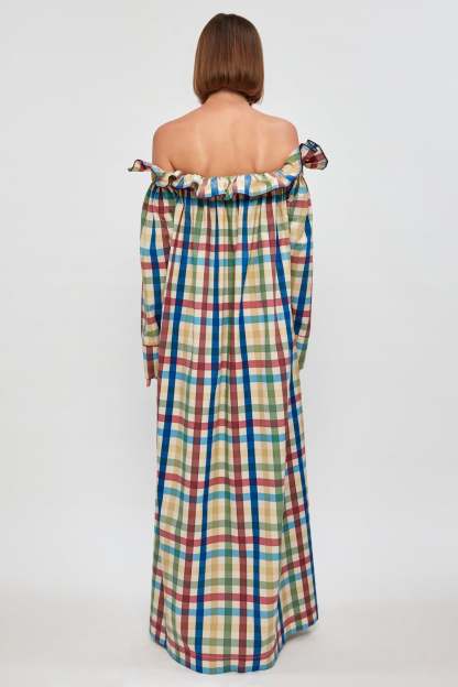 Shoulder-Baring Gingham Long Dress