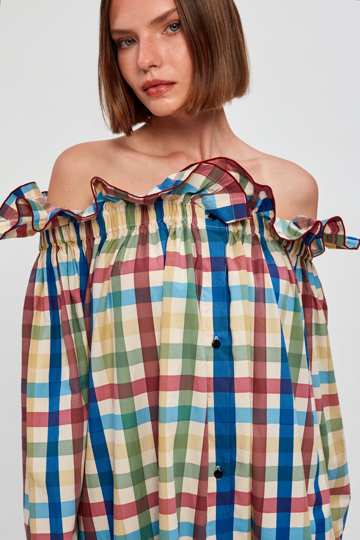 Shoulder-Baring Gingham Long Dress