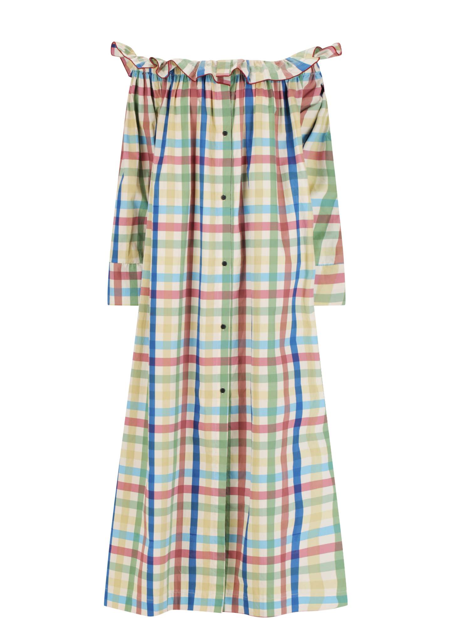 Shoulder-Baring Gingham Long Dress