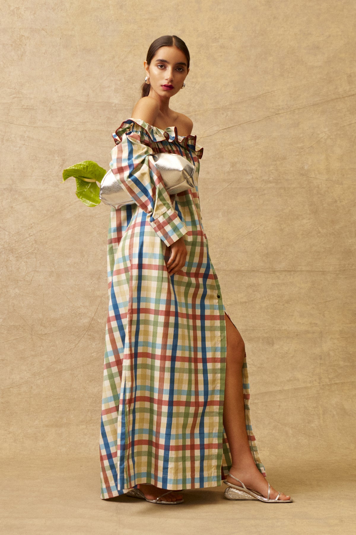 Shoulder-Baring Gingham Long Dress