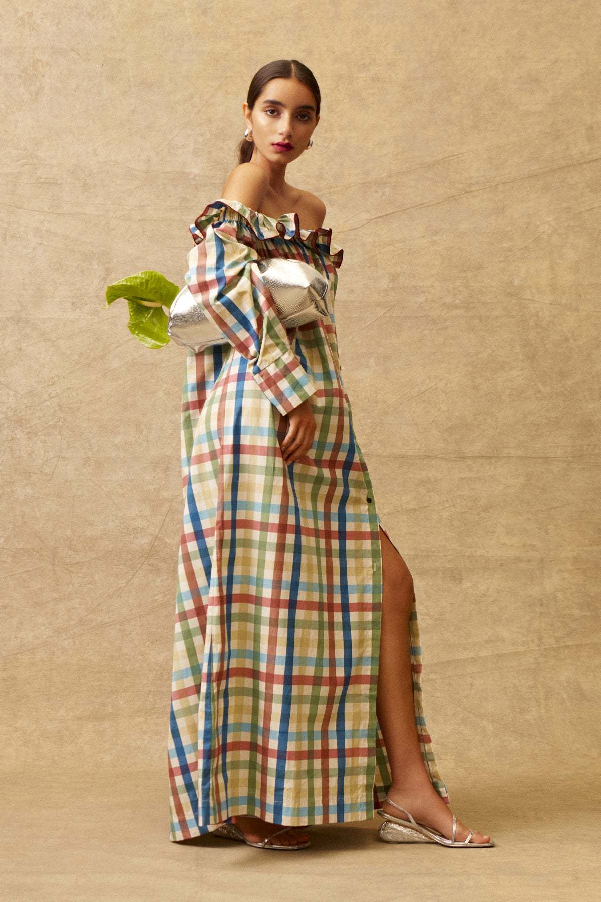 Shoulder-Baring Gingham Long Dress