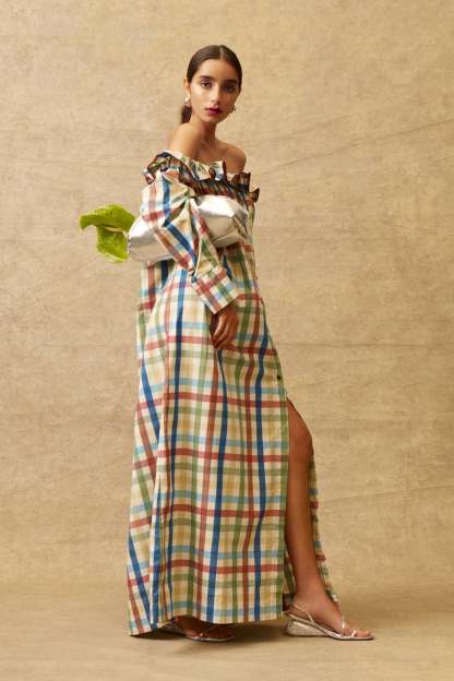 Shoulder-Baring Gingham Long Dress