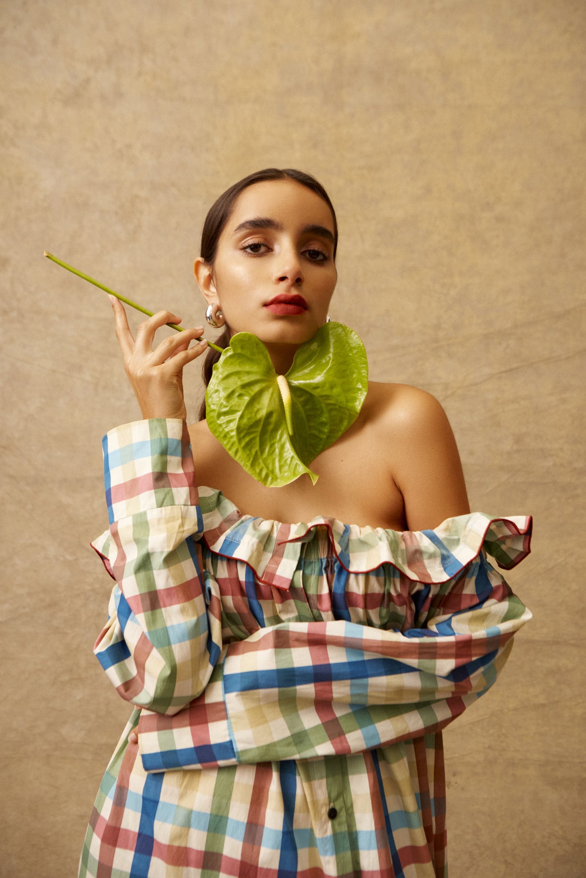Shoulder-Baring Gingham Long Dress