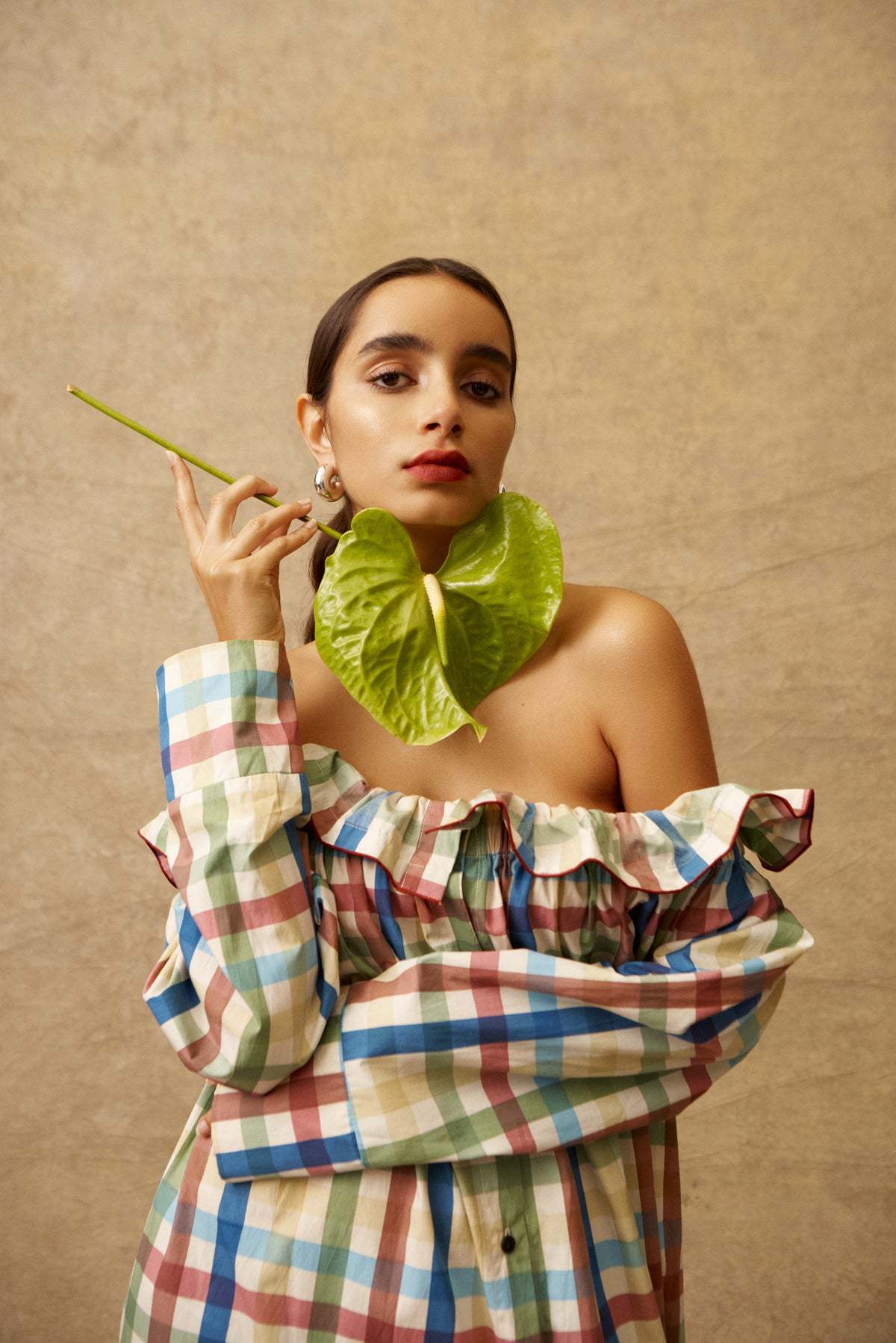 Shoulder-Baring Gingham Long Dress