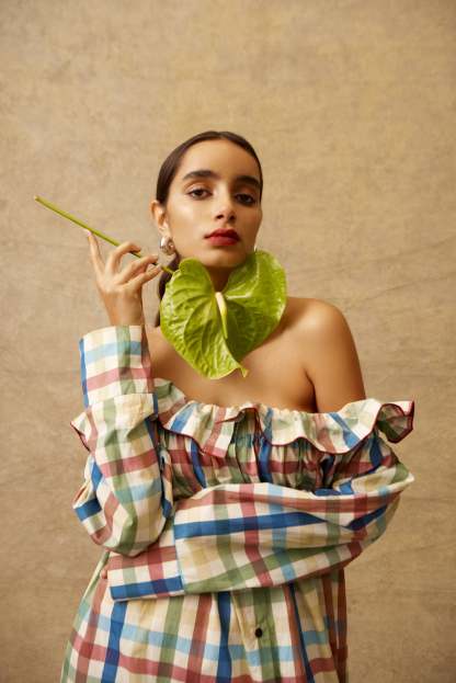 Shoulder-Baring Gingham Long Dress