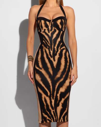Women's Sexy Golden Zebra Lushy Halter Dress