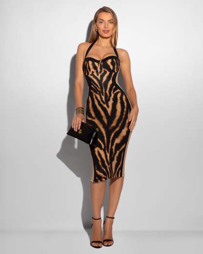 Women's Sexy Golden Zebra Lushy Halter Dress