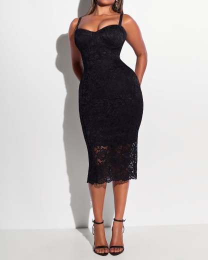 Seamed Lushy Pencil Dress - Lace Black